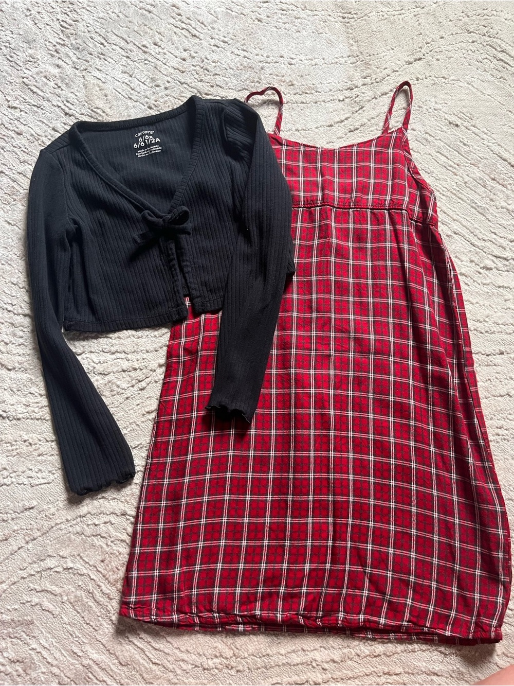 Carter's Black Knit Tie-Front Cardigan with Red Plaid Slip Dress
